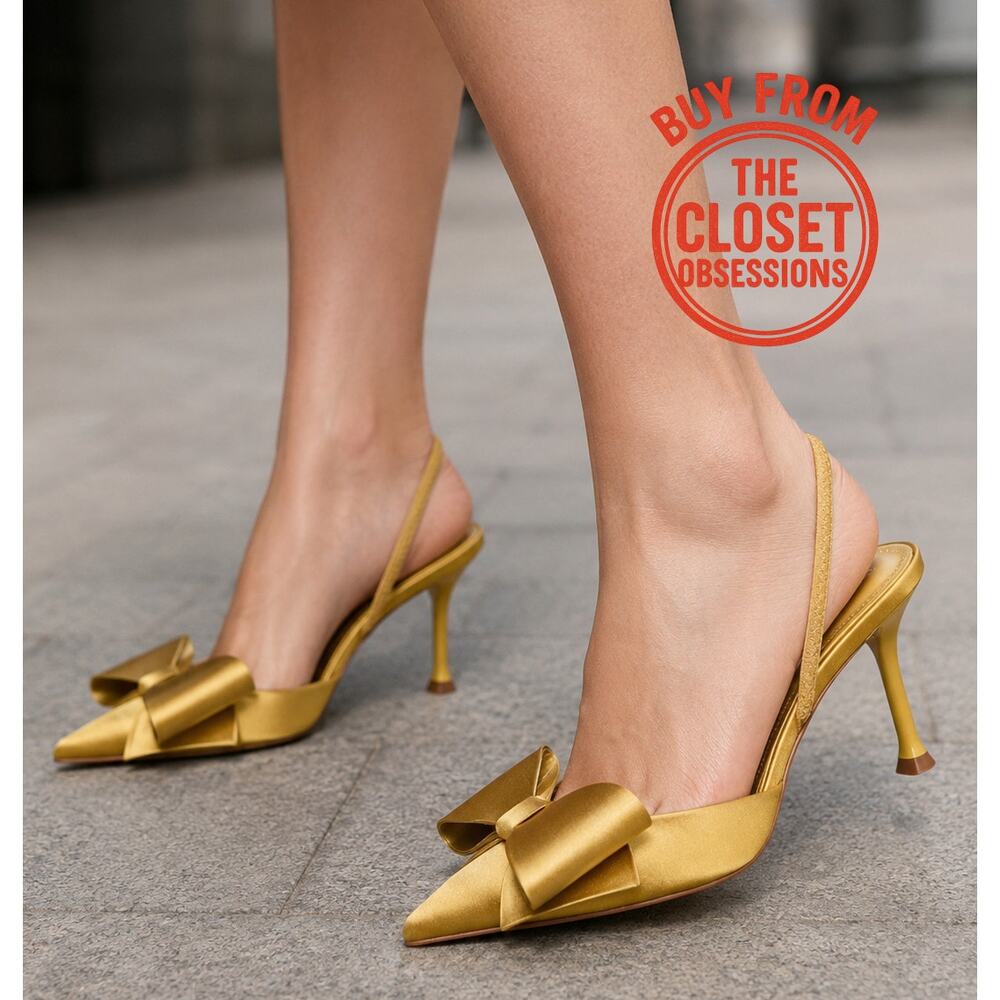 Zara Satin Slingback Heels Bow Pointed Toe Stiletto Wedding Party Sz 6.5 NWT - Picture 3 of 16